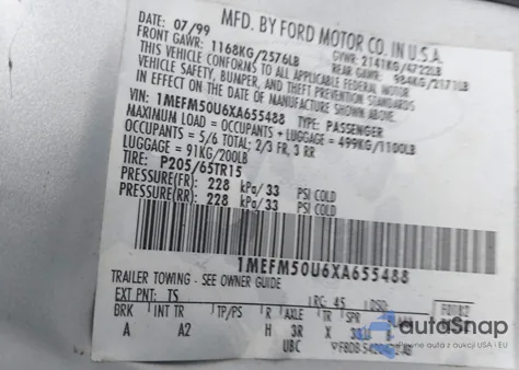 1999 Mercury Sable Gs из США, поврежденный, VIN 1MEFM50U6XA655488